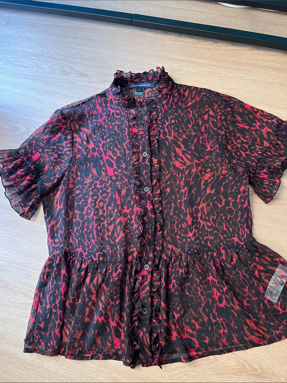 French Connection Sheer Animal Print Top in Black, Red & Pink